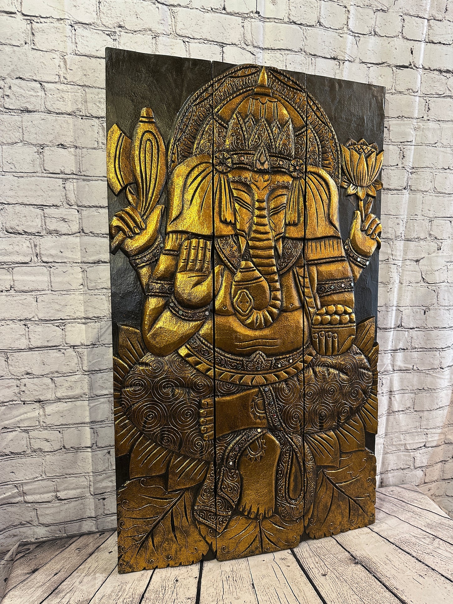 100cm x 60cm Ganesha Brown Gold Wooden Wood Panel Wall Art Plaque Handcarved