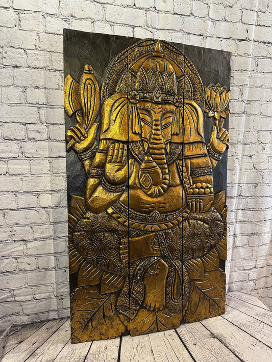 100cm x 60cm Ganesha Brown Gold Wooden Wood Panel Wall Art Plaque Handcarved