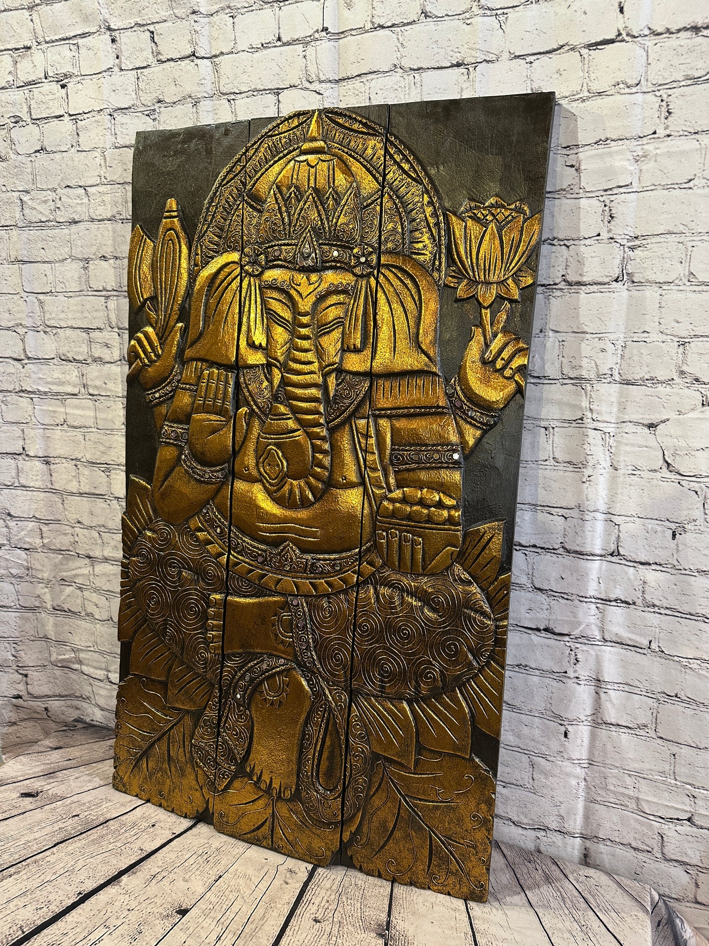 100cm x 60cm Ganesha Brown Gold Wooden Wood Panel Wall Art Plaque Handcarved