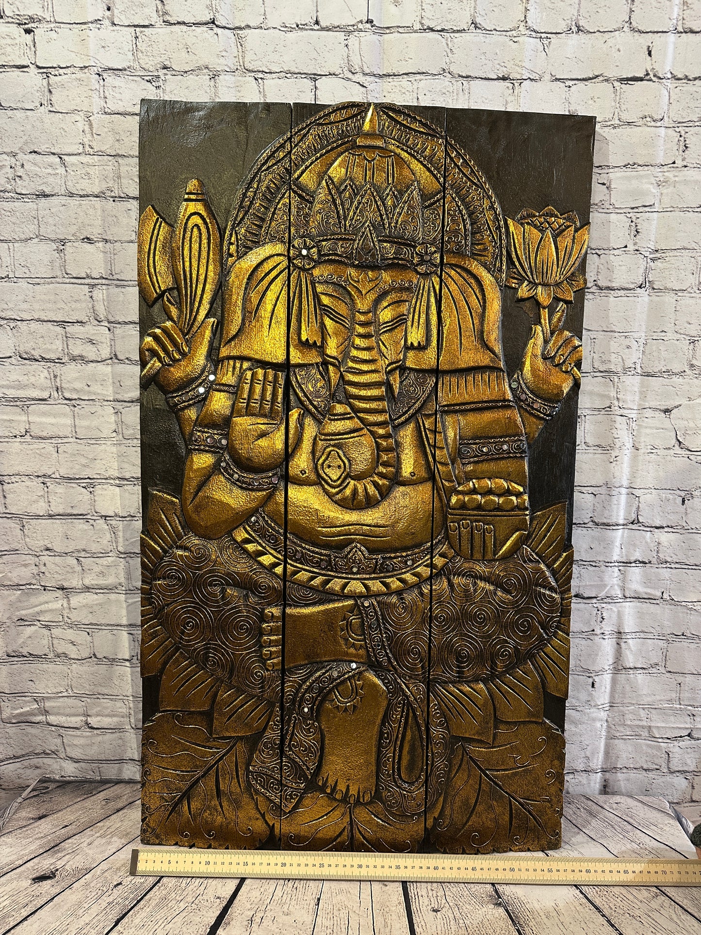 100cm x 60cm Ganesha Brown Gold Wooden Wood Panel Wall Art Plaque Handcarved