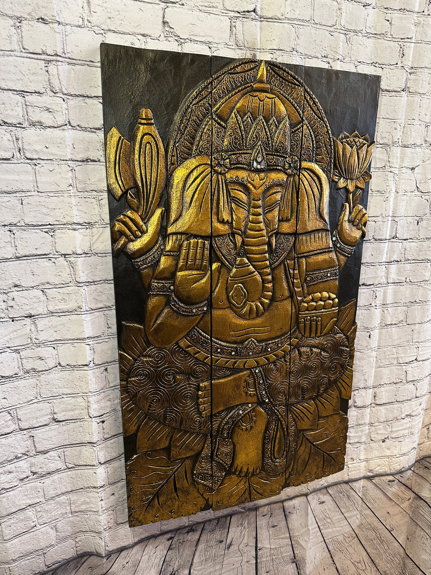 100cm x 60cm Ganesha Brown Gold Wooden Wood Panel Wall Art Plaque Handcarved