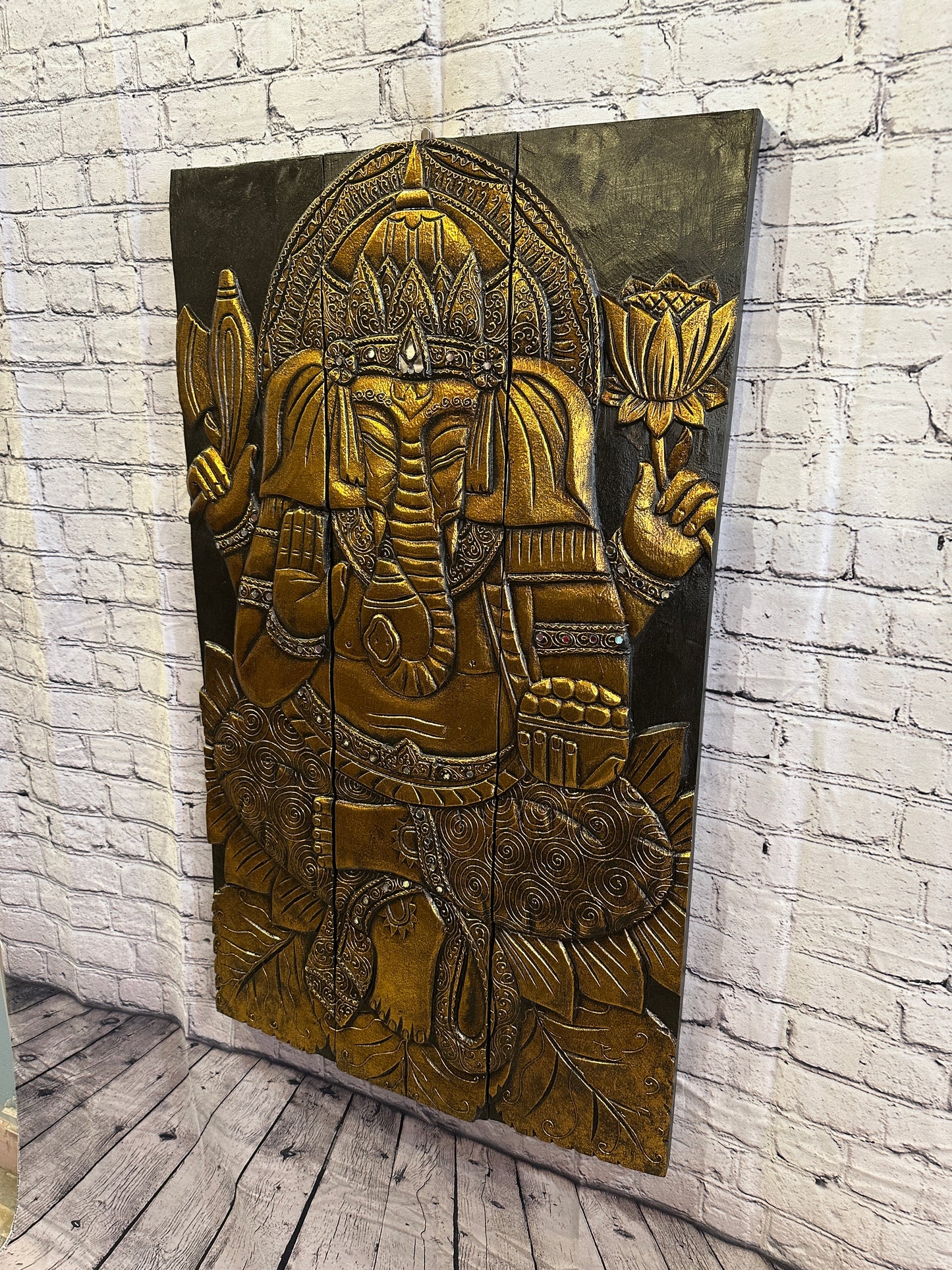 100cm x 60cm Ganesha Brown Gold Wooden Wood Panel Wall Art Plaque Handcarved