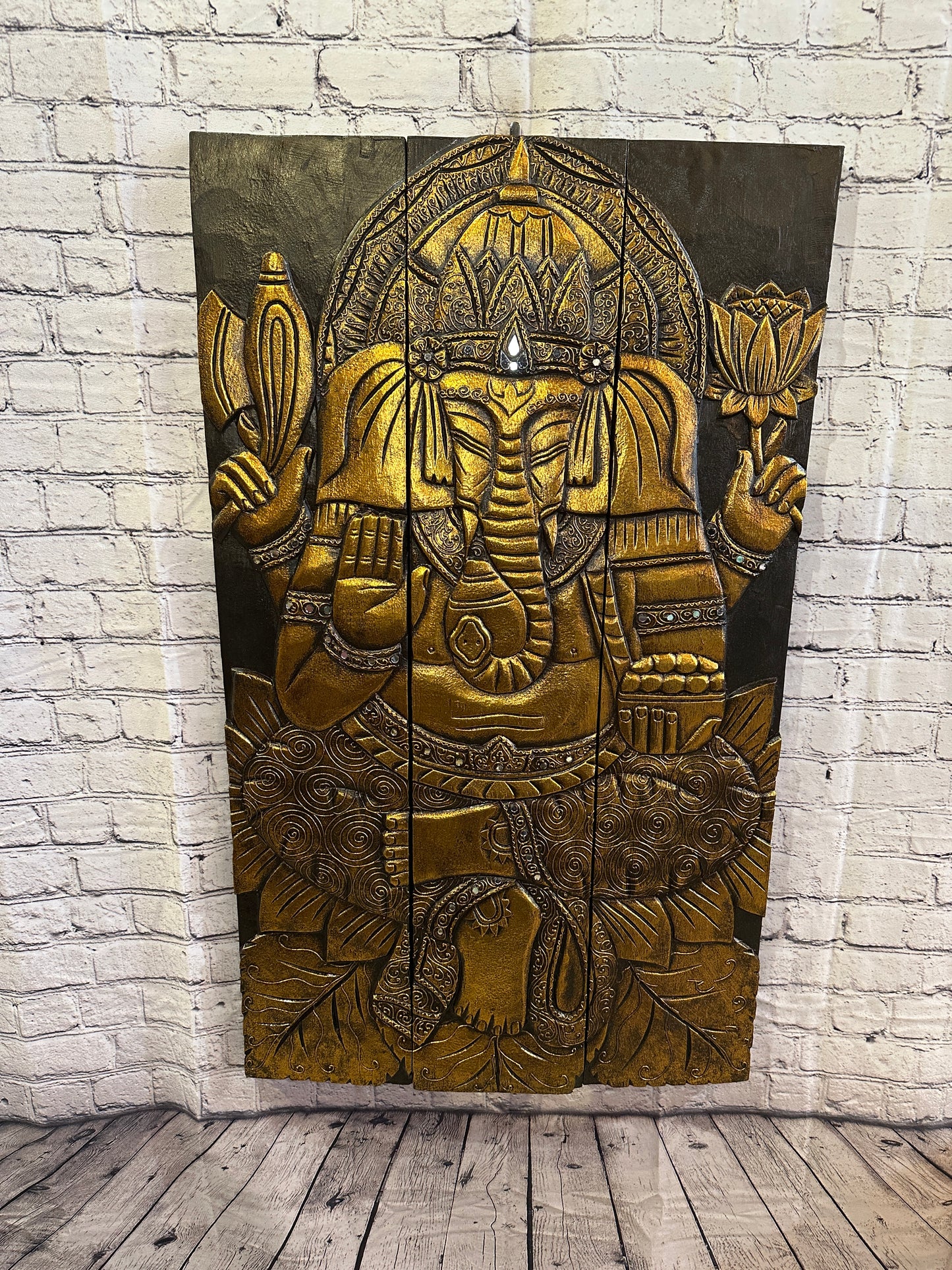 100cm x 60cm Ganesha Brown Gold Wooden Wood Panel Wall Art Plaque Handcarved