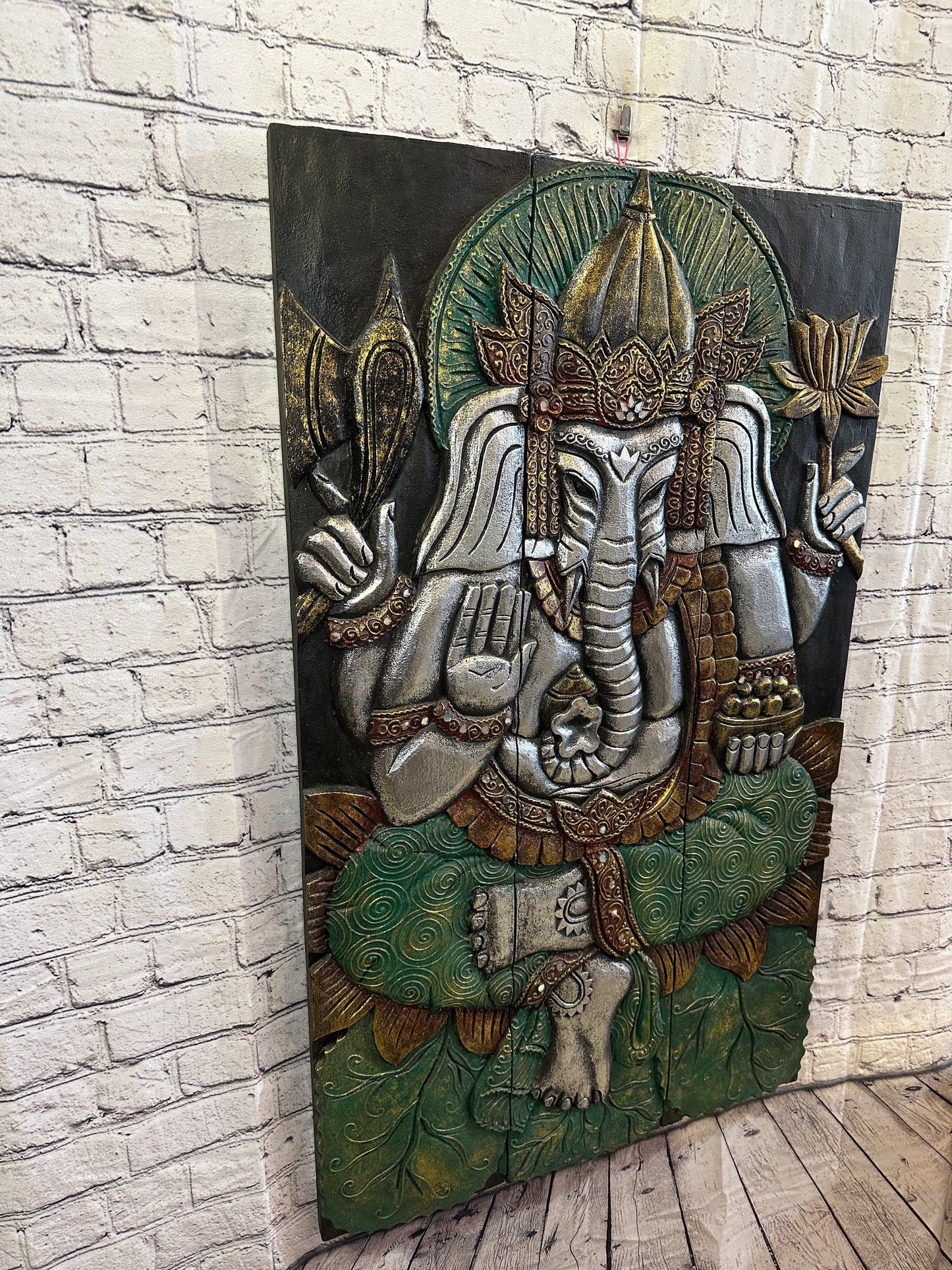 100cm x 60cm Ganesh Colourful Panel Wooden Wood Panel Wall Art Plaque Handcarved