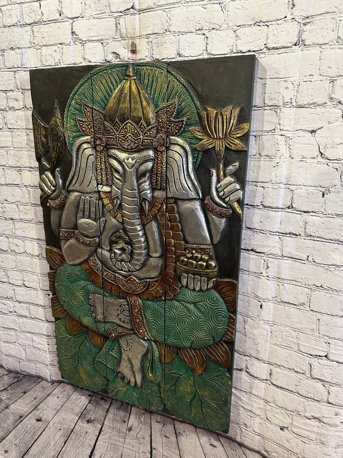 100cm x 60cm Ganesh Colourful Panel Wooden Wood Panel Wall Art Plaque Handcarved