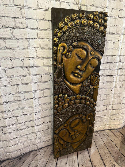 120cm x 40cm Tall Buddha 2 Faces Gold Wooden Wood Panel Wall Art Plaque