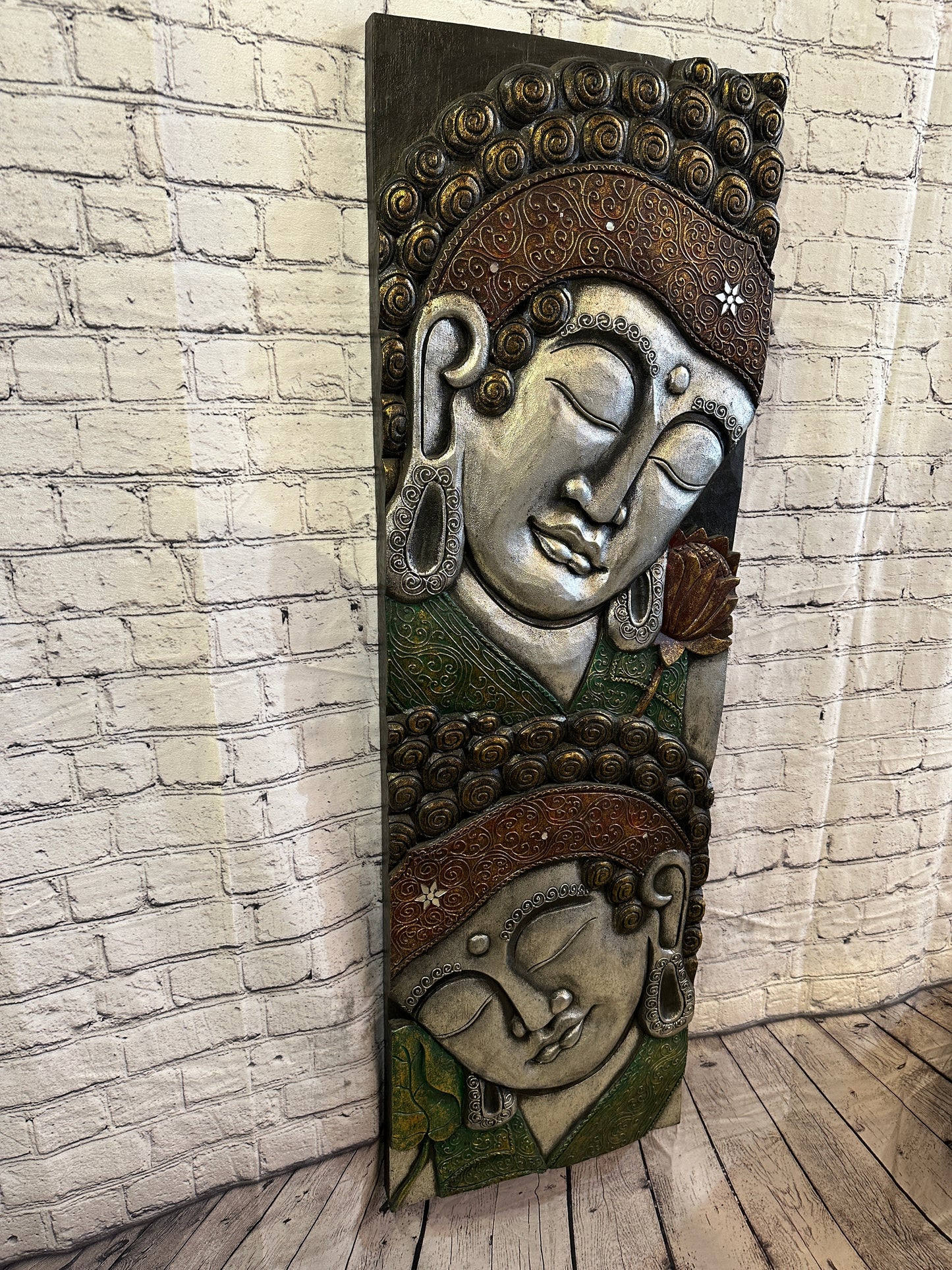 120cm x 40cm Tall Buddha 2 Faces Multi Colour Wooden Wood Panel Wall Art Plaque