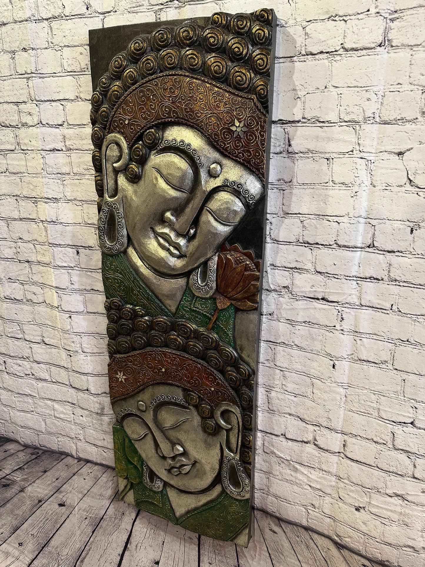 120cm x 40cm Tall Buddha 2 Faces Multi Colour Wooden Wood Panel Wall Art Plaque