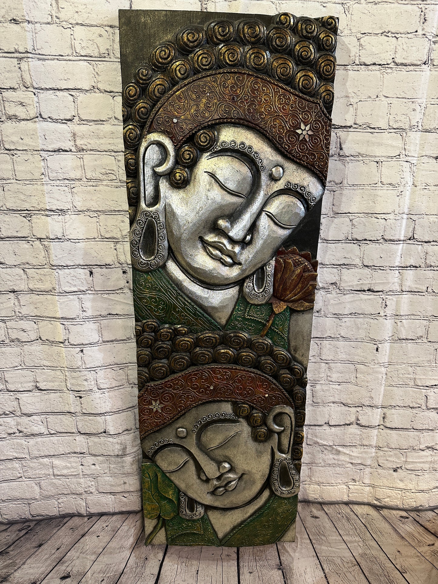120cm x 40cm Tall Buddha 2 Faces Multi Colour Wooden Wood Panel Wall Art Plaque