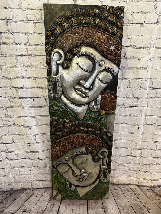 120cm x 40cm Tall Buddha 2 Faces Multi Colour Wooden Wood Panel Wall Art Plaque