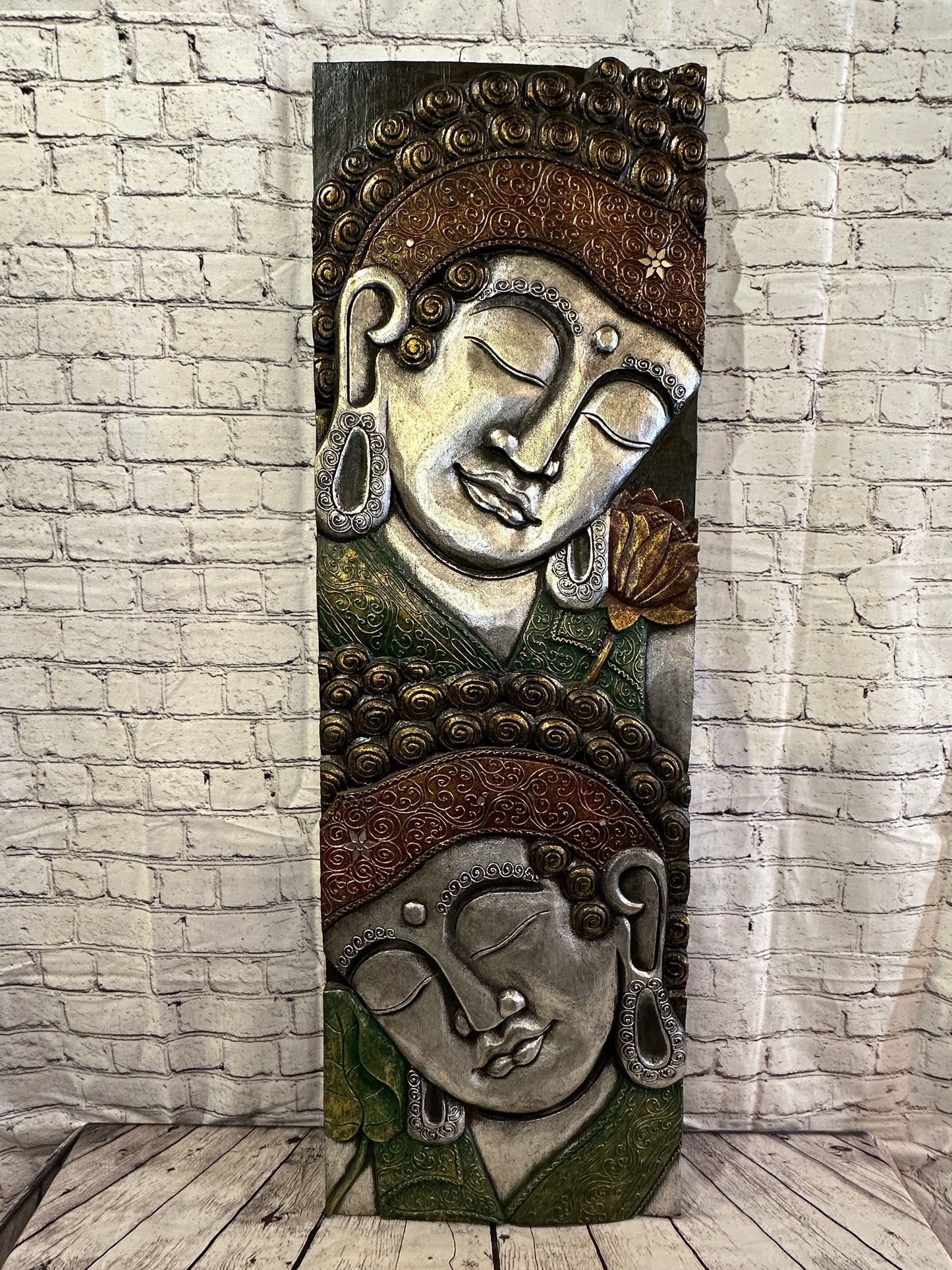 120cm x 40cm Tall Buddha 2 Faces Multi Colour Wooden Wood Panel Wall Art Plaque