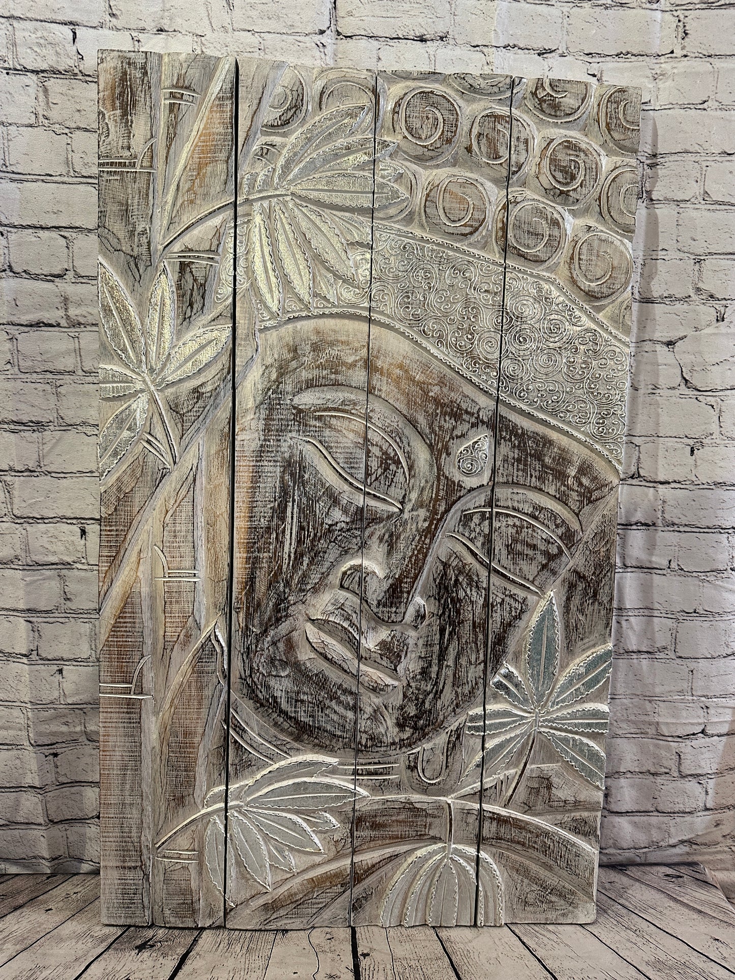 100cm x 60cm Buddha White Gold Wooden Wood Panel Wall Art Plaque Handcarved