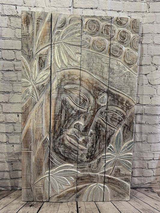 100cm x 60cm Buddha White Gold Wooden Wood Panel Wall Art Plaque Handcarved