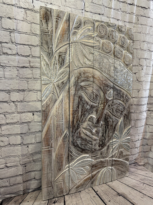 100cm x 60cm Buddha White Gold Wooden Wood Panel Wall Art Plaque Handcarved