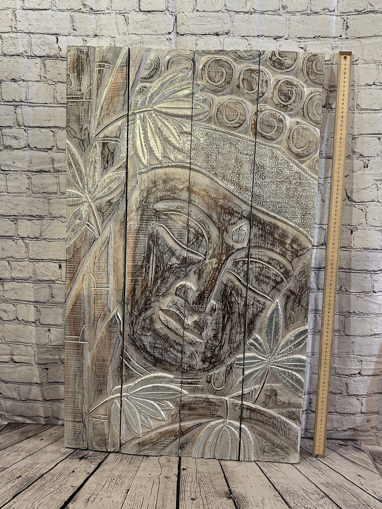 100cm x 60cm Buddha White Gold Wooden Wood Panel Wall Art Plaque Handcarved