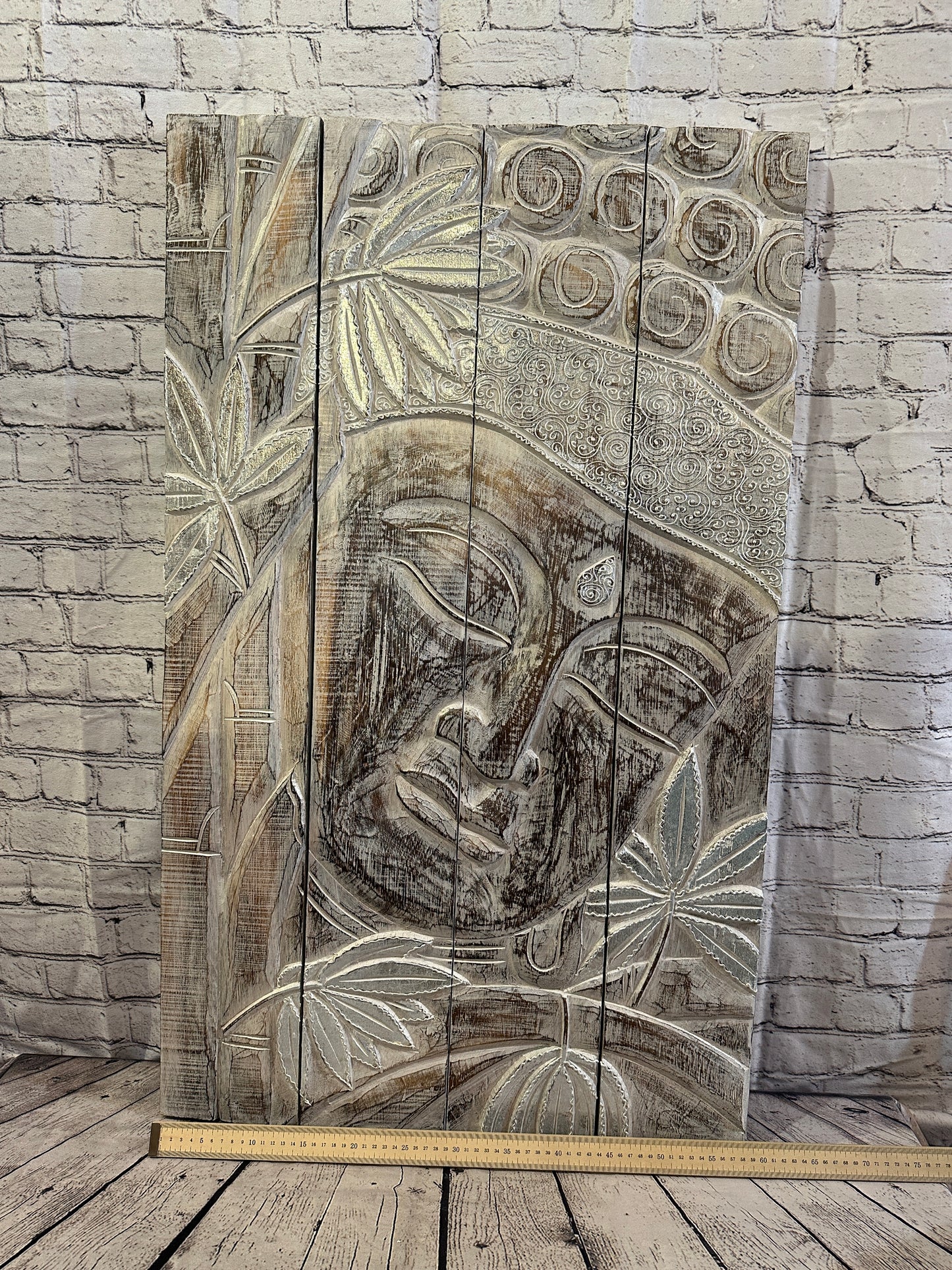 100cm x 60cm Buddha White Gold Wooden Wood Panel Wall Art Plaque Handcarved
