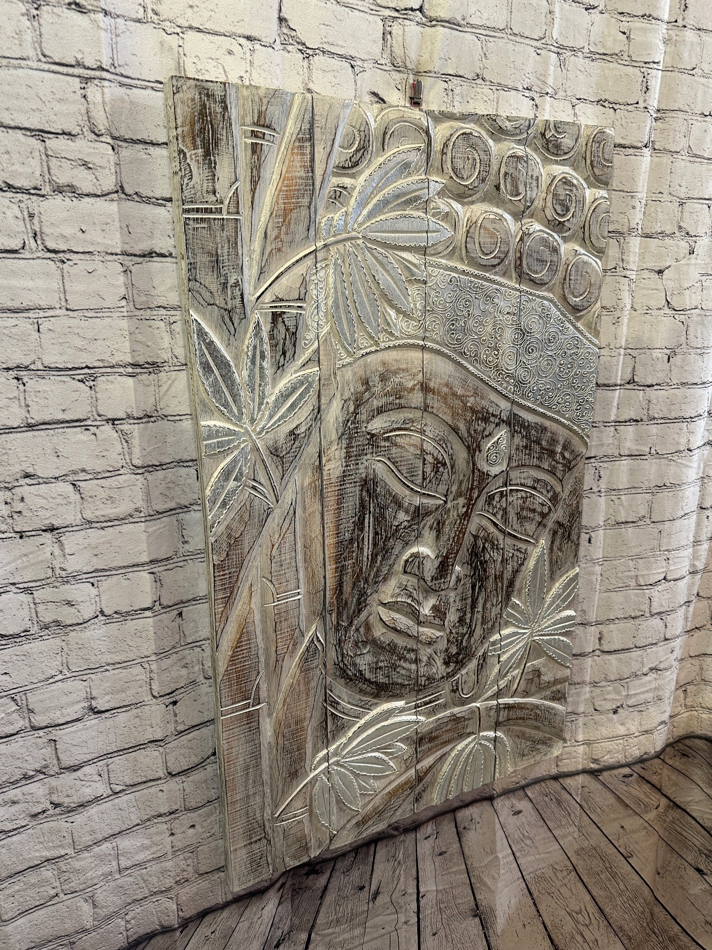 100cm x 60cm Buddha White Gold Wooden Wood Panel Wall Art Plaque Handcarved