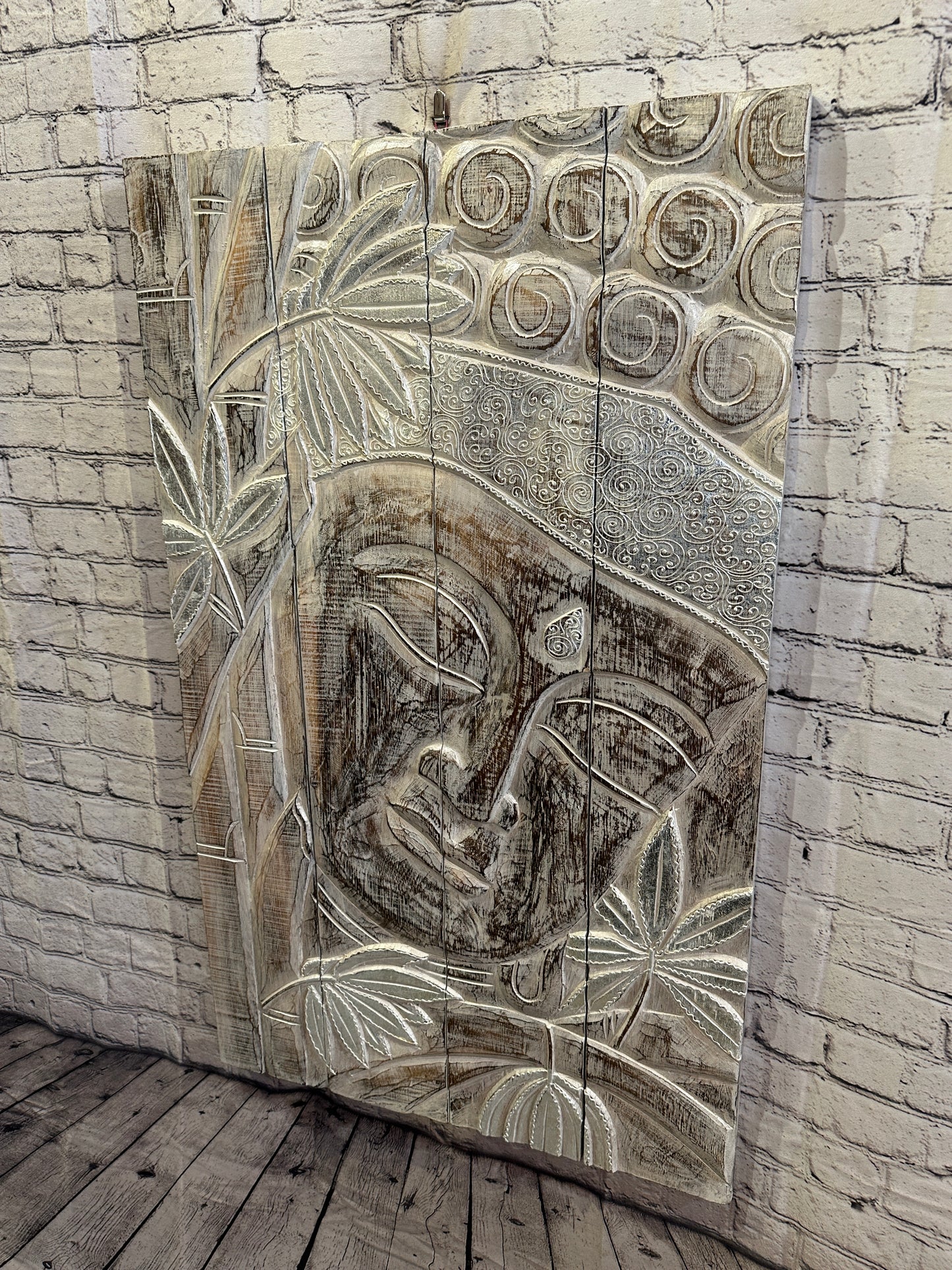 100cm x 60cm Buddha White Gold Wooden Wood Panel Wall Art Plaque Handcarved