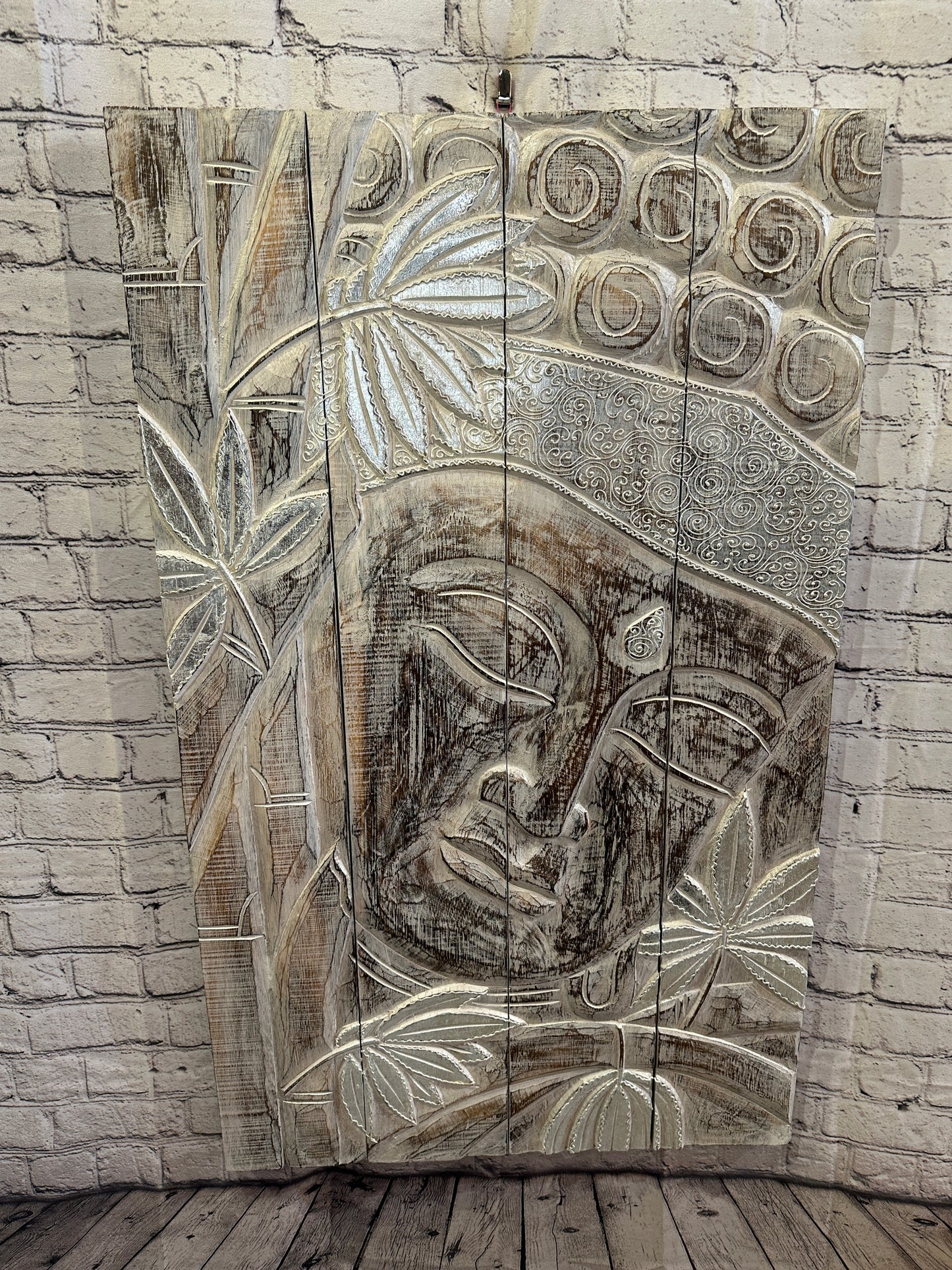 100cm x 60cm Buddha White Gold Wooden Wood Panel Wall Art Plaque Handcarved