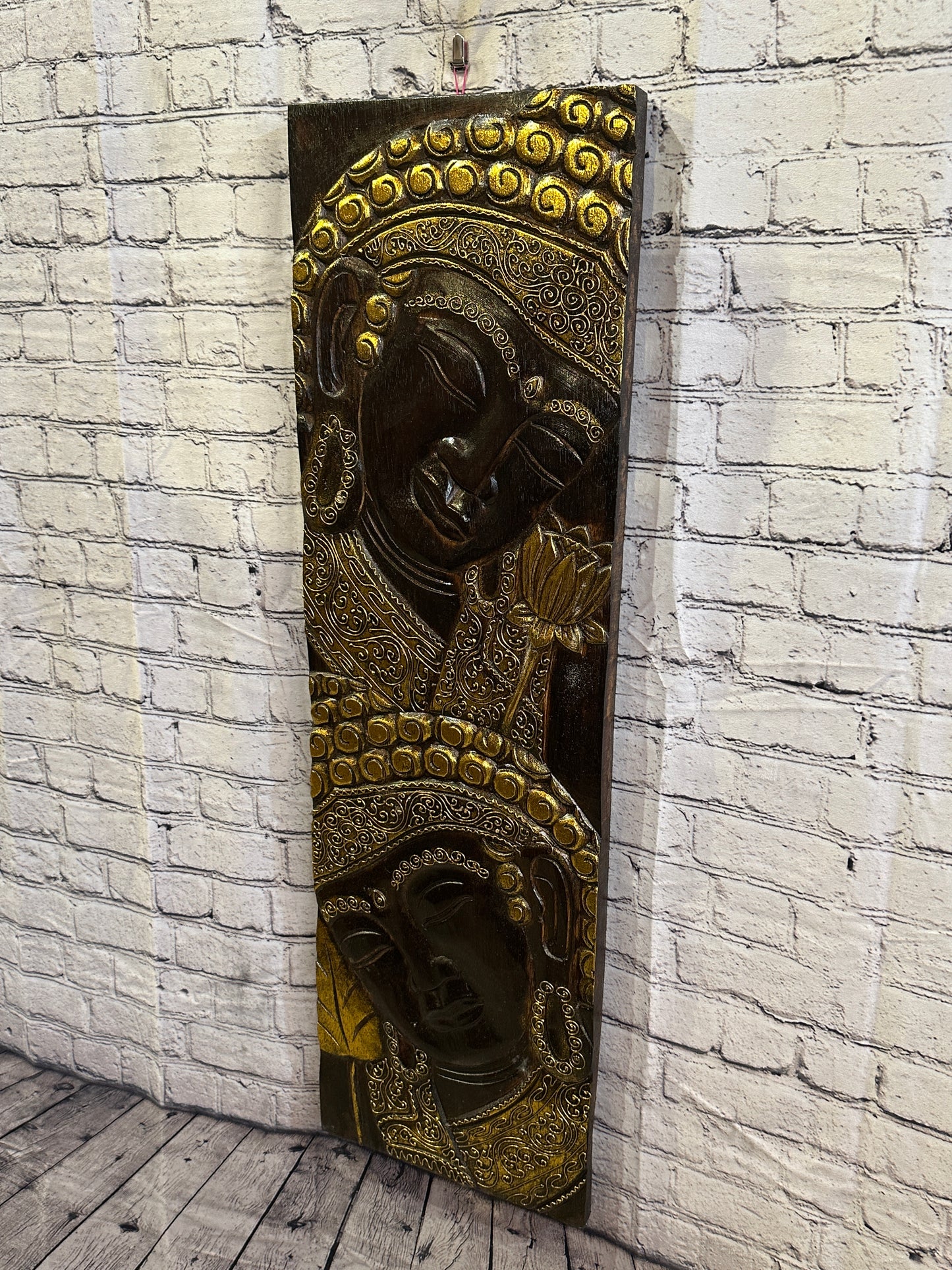100cm x 30cm Tall Buddha 2 Faces Brown Wooden Wood Panel Wall Art Plaque