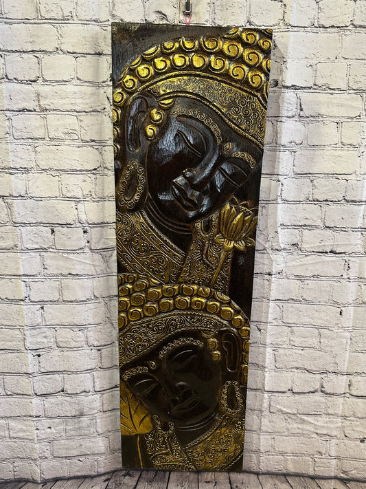 100cm x 30cm Tall Buddha 2 Faces Brown Wooden Wood Panel Wall Art Plaque