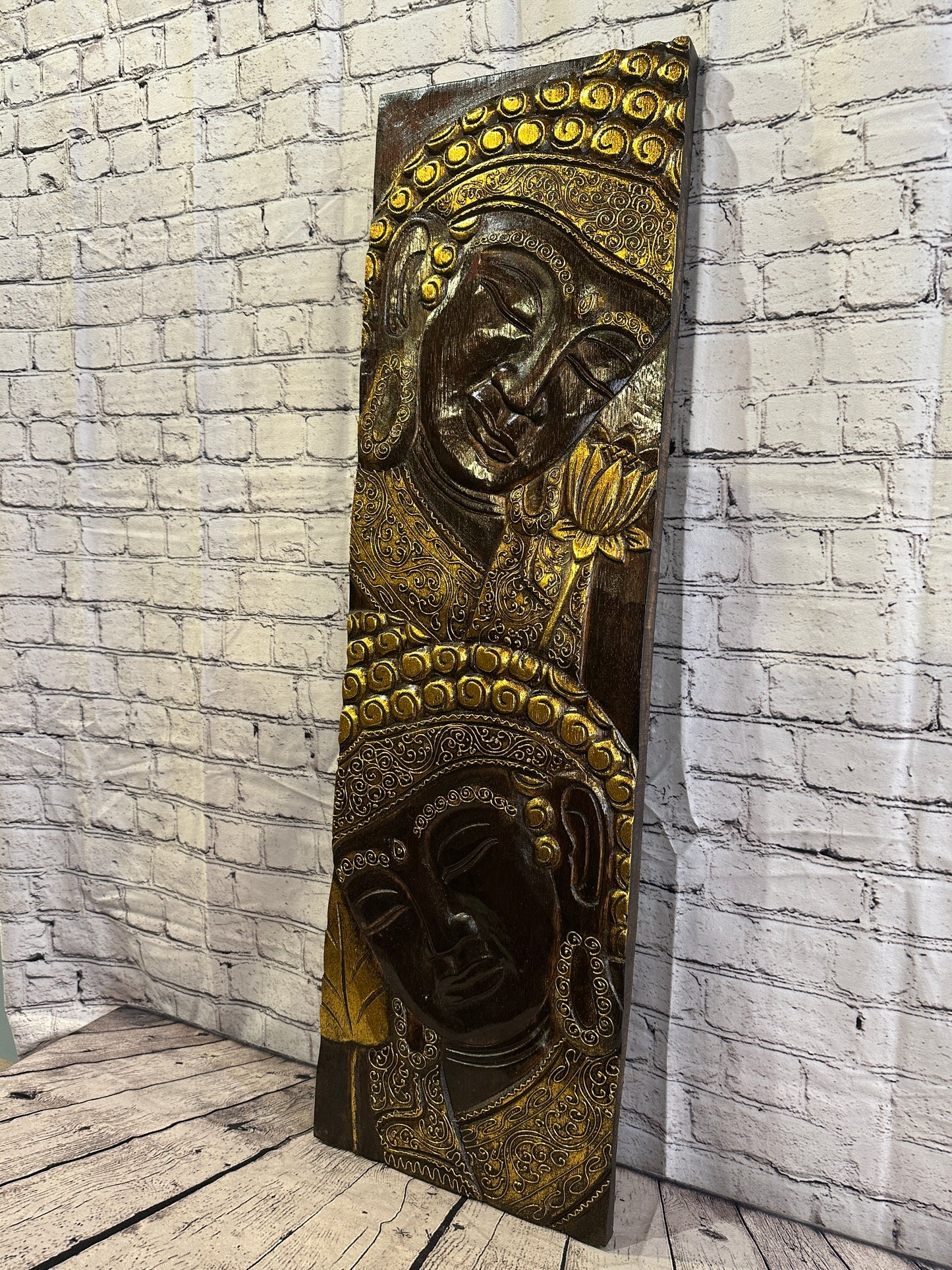 100cm x 30cm Tall Buddha 2 Faces Brown Wooden Wood Panel Wall Art Plaque