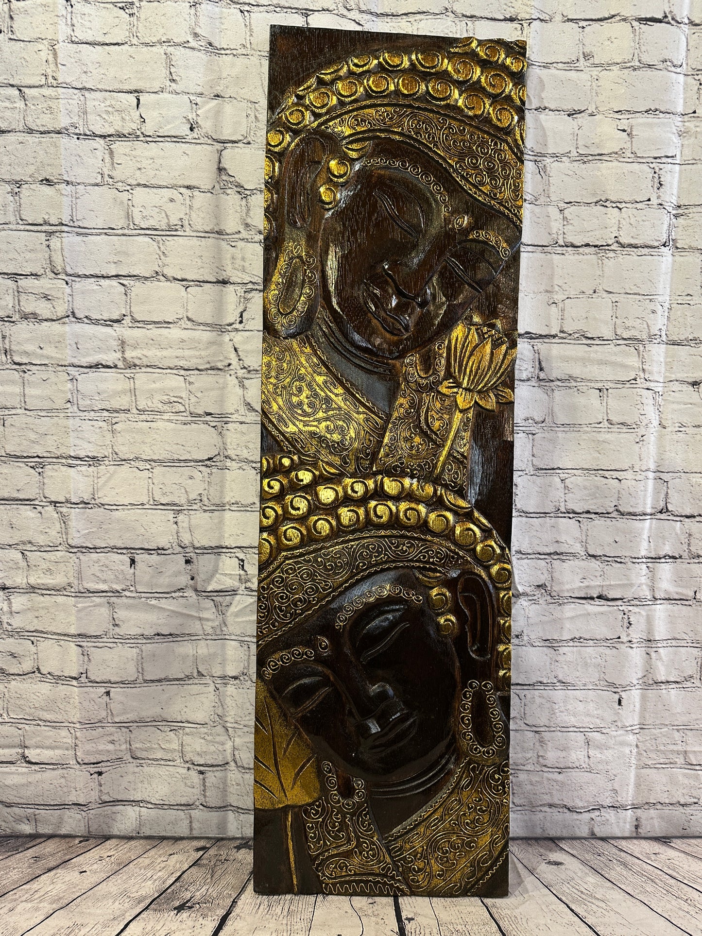 100cm x 30cm Tall Buddha 2 Faces Brown Wooden Wood Panel Wall Art Plaque