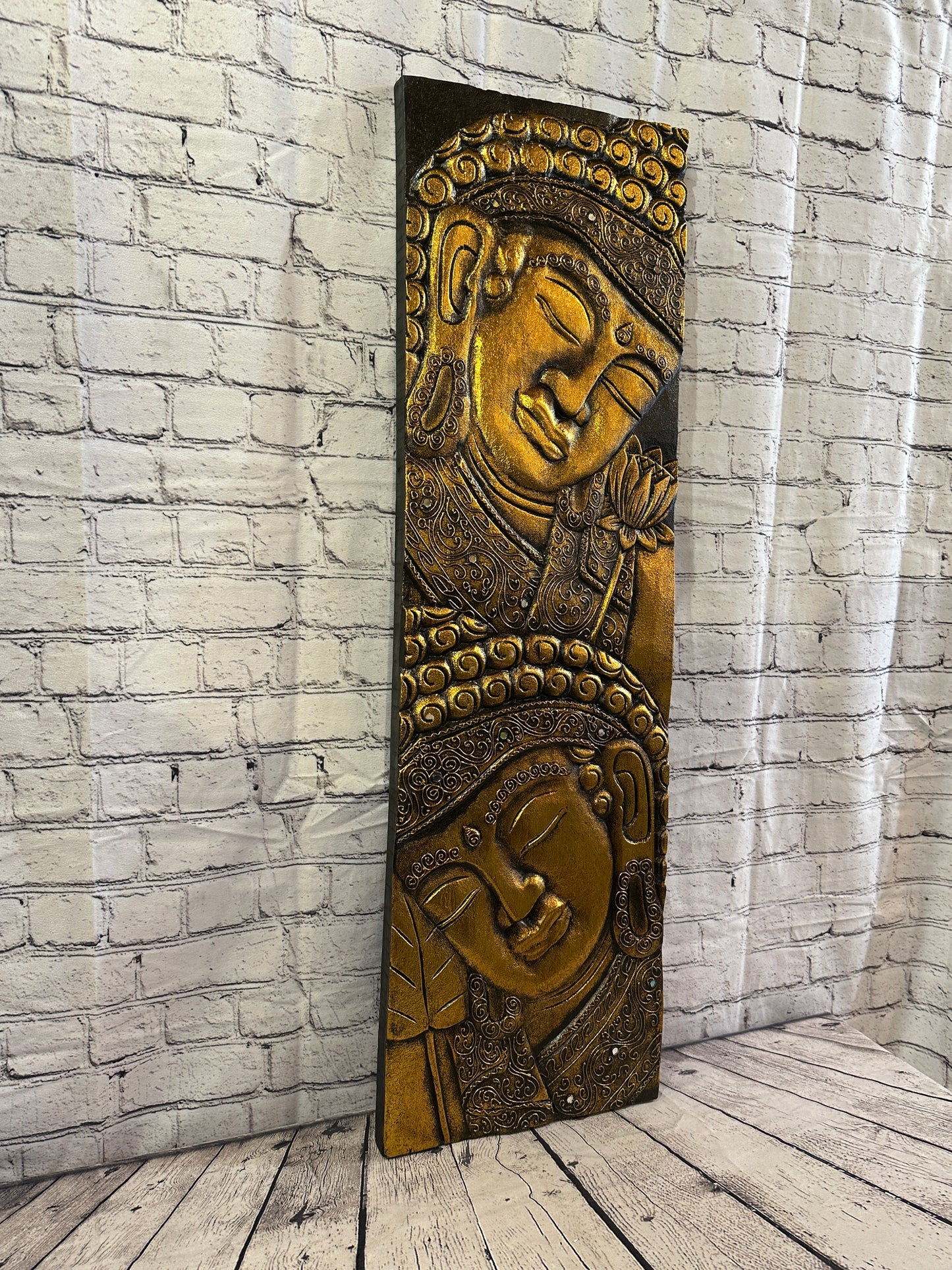 100cm x 30cm Tall Buddha 2 Faces Gold Wooden Wood Panel Wall Art Plaque