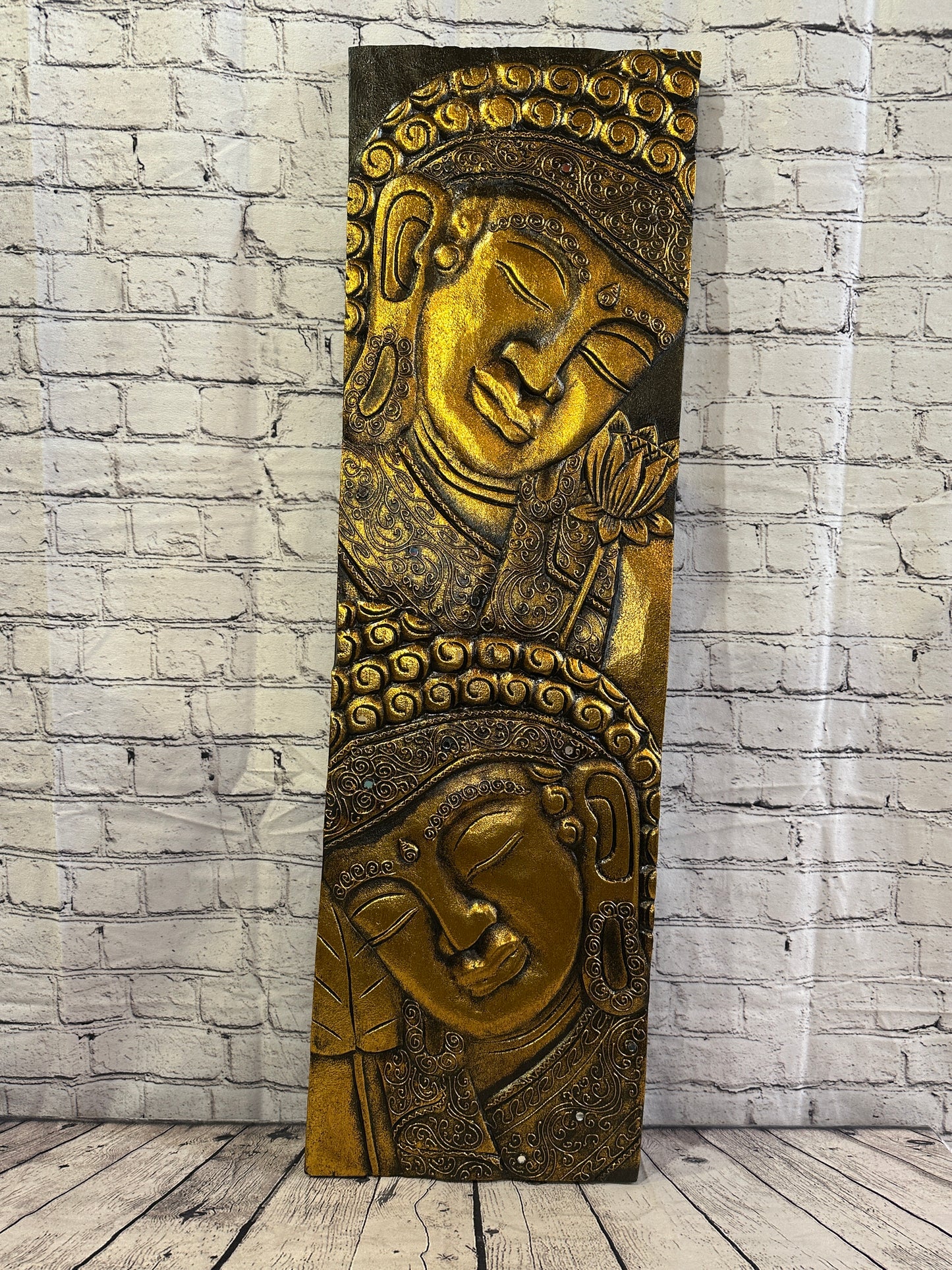 100cm x 30cm Tall Buddha 2 Faces Gold Wooden Wood Panel Wall Art Plaque