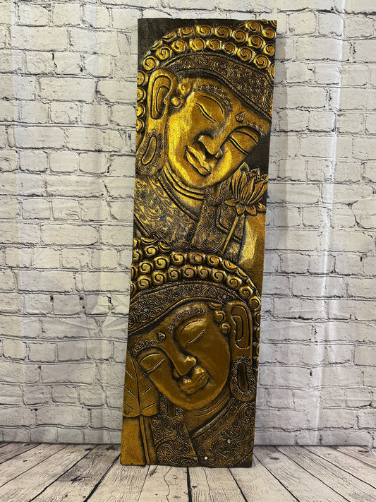 100cm x 30cm Tall Buddha 2 Faces Gold Wooden Wood Panel Wall Art Plaque