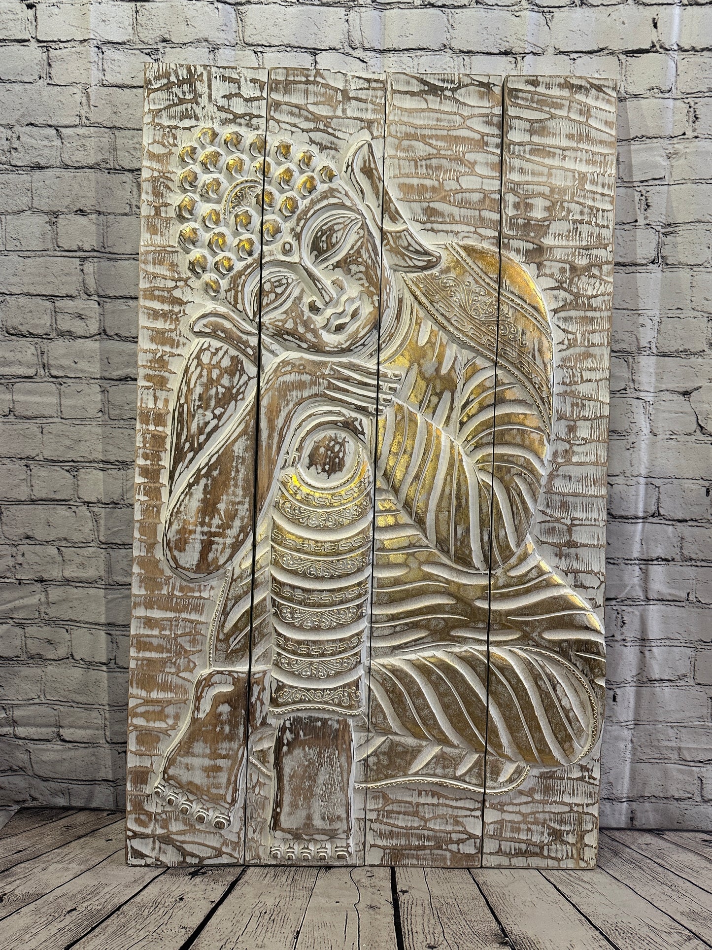 100cm x 60cm Buddha Brown Gold Wooden Wood Panel Wall Art Plaque Handcarved