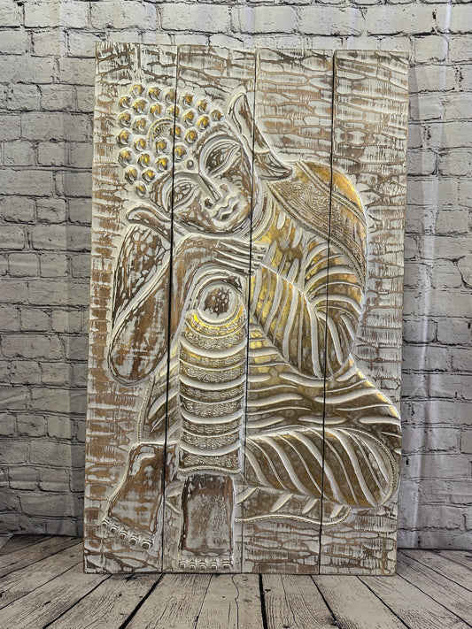 100cm x 60cm Buddha Brown Gold Wooden Wood Panel Wall Art Plaque Handcarved
