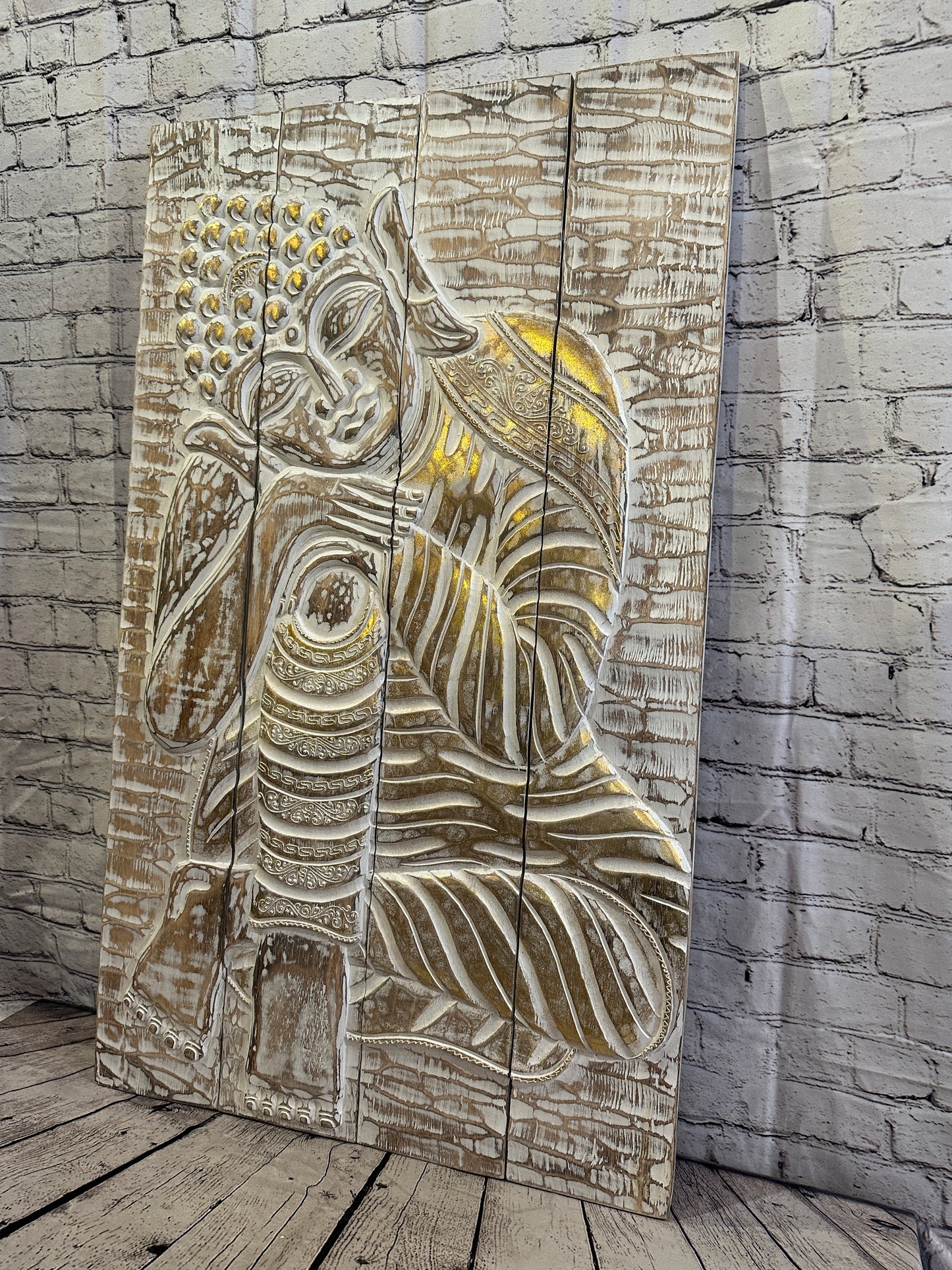 100cm x 60cm Buddha Brown Gold Wooden Wood Panel Wall Art Plaque Handcarved