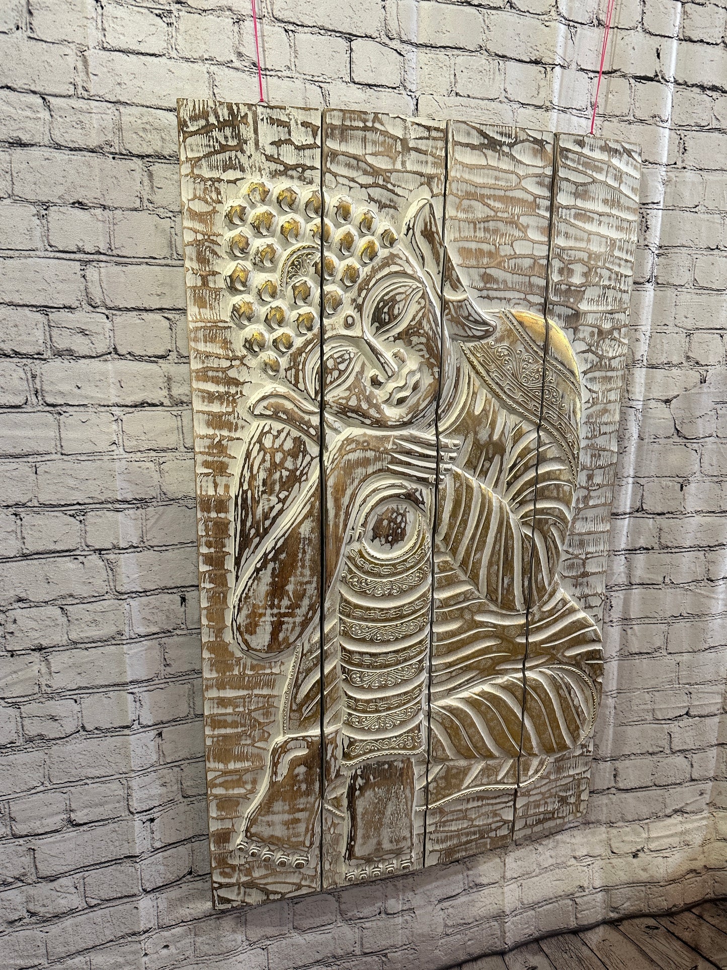 100cm x 60cm Buddha Brown Gold Wooden Wood Panel Wall Art Plaque Handcarved