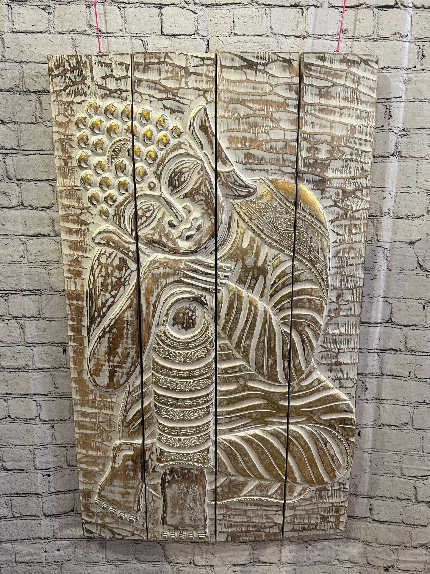 100cm x 60cm Buddha Brown Gold Wooden Wood Panel Wall Art Plaque Handcarved