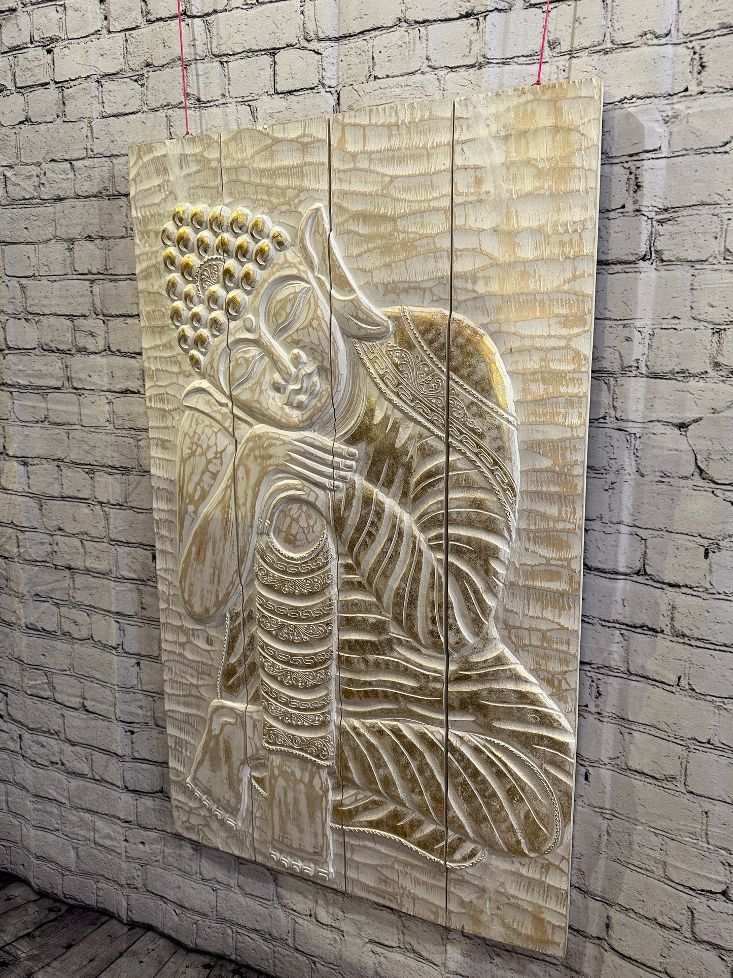 100cm x 60cm Buddha White Panel Wooden Wood Panel Wall Art Plaque Handcarved