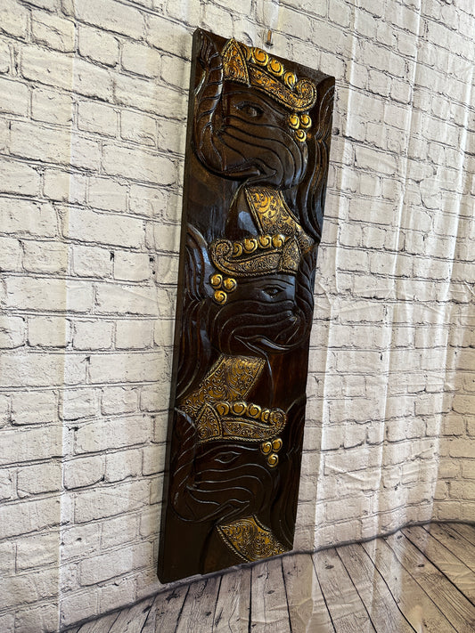 100cm x 30cm Elephants Brown Silver Wooden Wood Panel Wall Art Plaque Handcarved