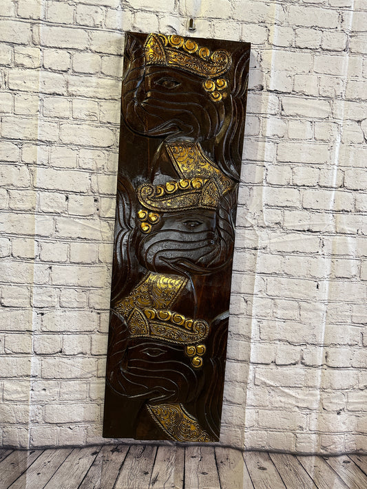 100cm x 30cm Elephants Brown Silver Wooden Wood Panel Wall Art Plaque Handcarved