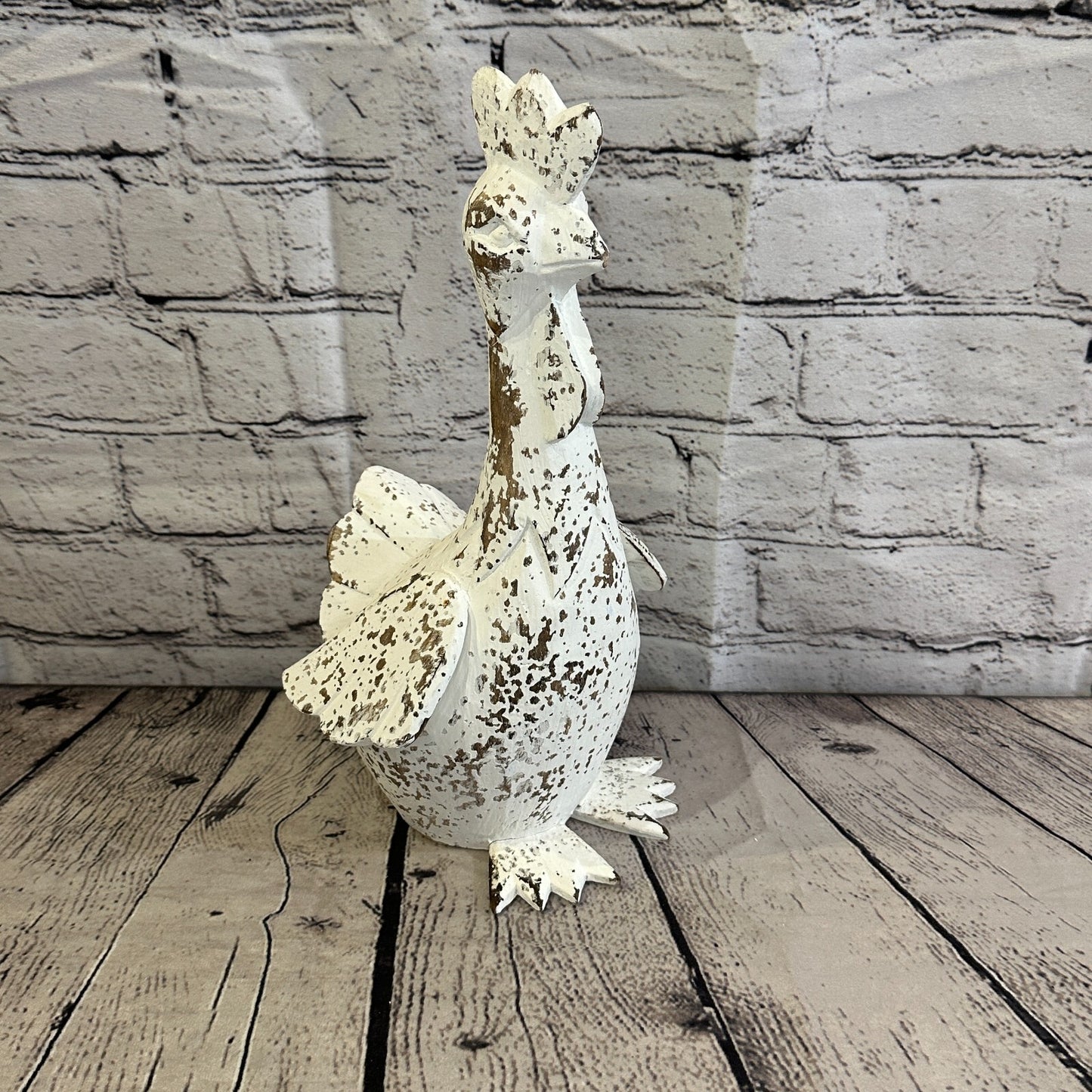 30cm x 15cm White Shabby Wooden Rooster Cockerel Retro Collectable Hand Carved