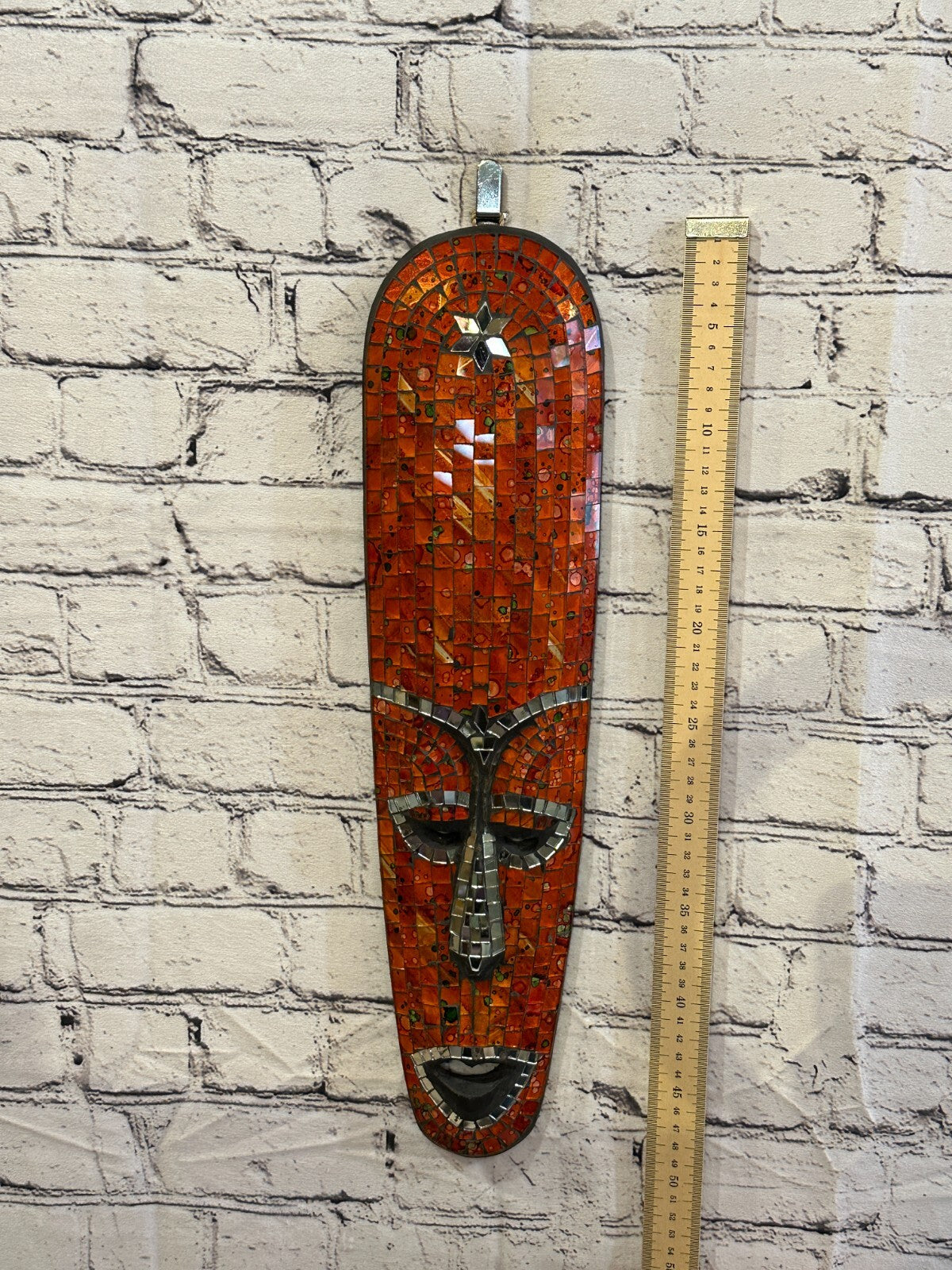 50cm Orange Mosaic Mirror Mask Carved Painted Ethnic Tribal Wall Art Handmade