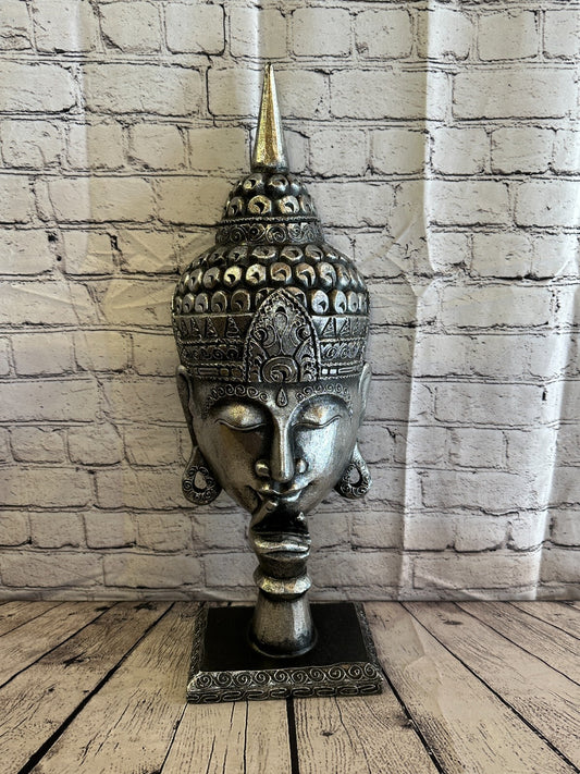 65cm Silver Buddha Head Wooden Standing Statue Figurine Ornament Fair Trade