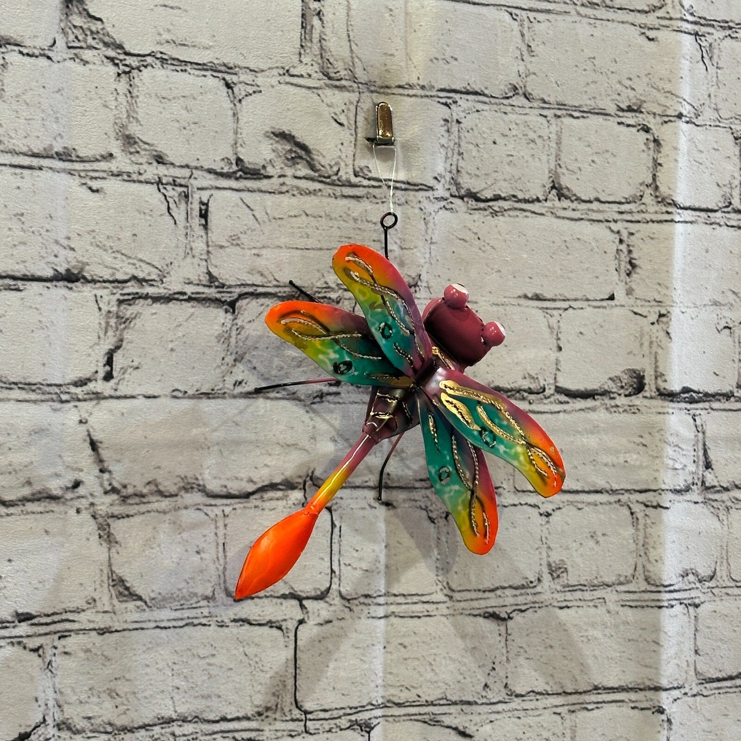 20cm x 15cm Orange Dragonfly Bug Metal Tin Wall Hanging Ornament Painted Statue