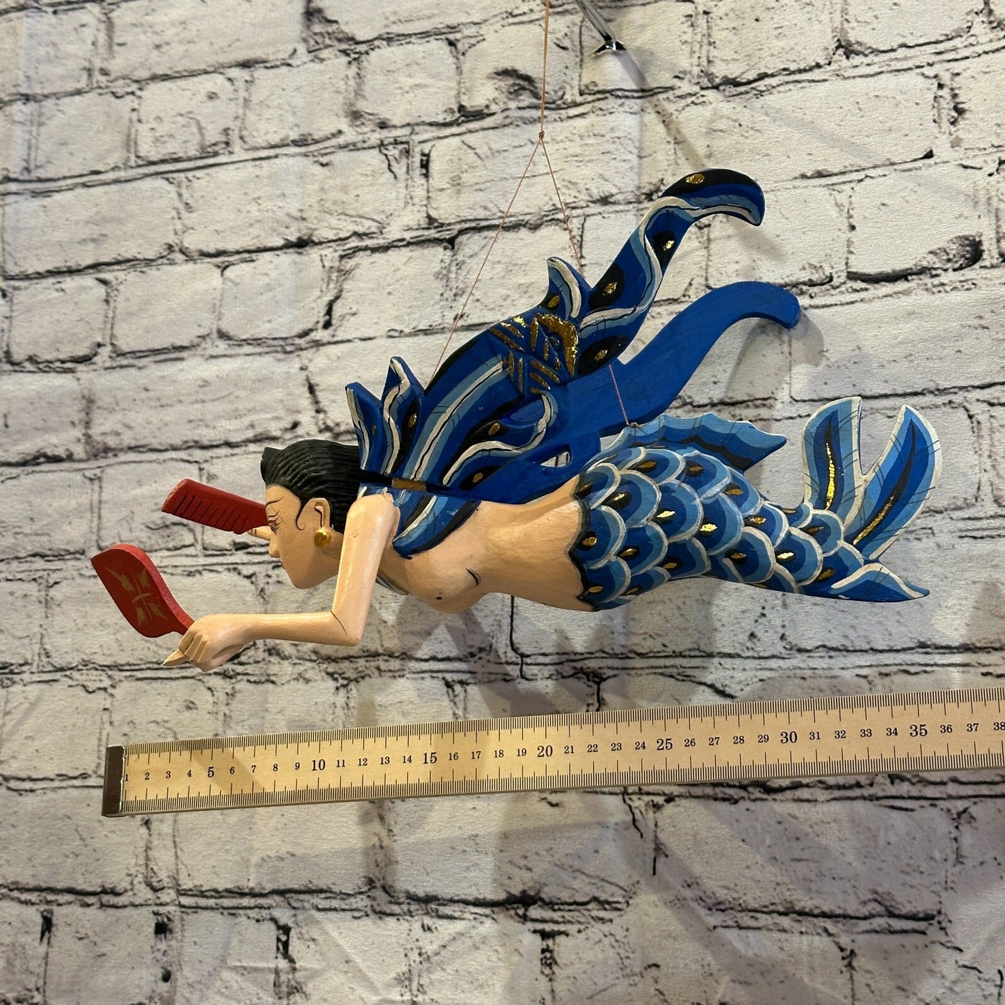 Blue Shiva Goddess Folk Art Wood Flying Winged Mobile Spirit Chaser Guardian