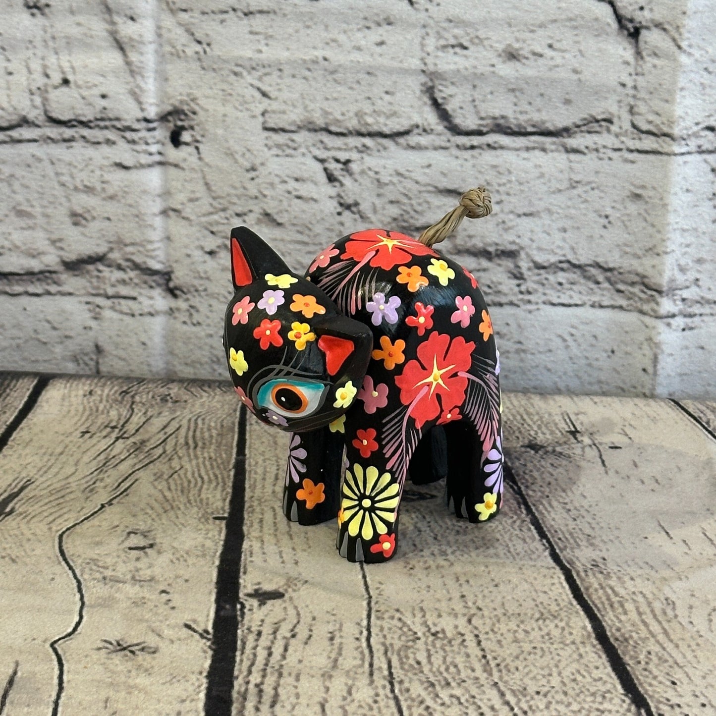 Black Small Wooden Cat With Flower Pattern 10cm x 8cm Handmade and Fairtrade