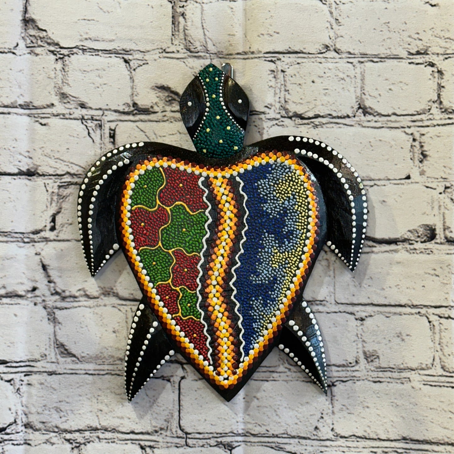 30cm Turtle Carved Wooden Dot Painted Ethnic Tribal Tiki Wall Art Handmade No 3