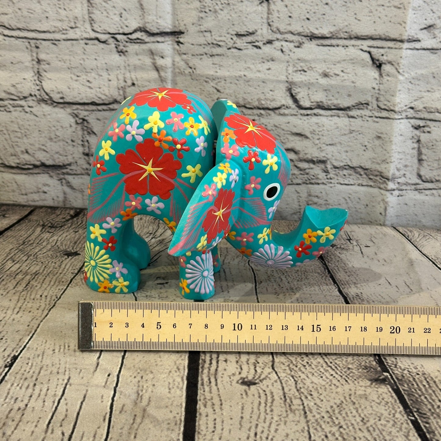 Blue Wooden Elephant With Flower Pattern 15cm x 18cm Handmade and Fairtrade