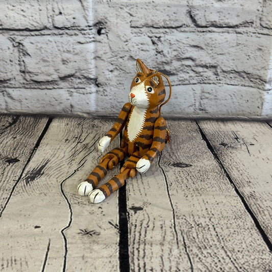 10cm Tabby Cat Sitting Animal, Wooden Shelf Ornament Handmade and Fairtrade