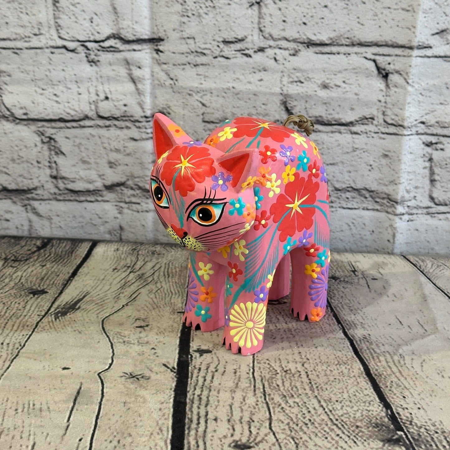 Pink Large Wooden Cat With Flower Pattern 15cm x 10cm Handmade and Fairtrade