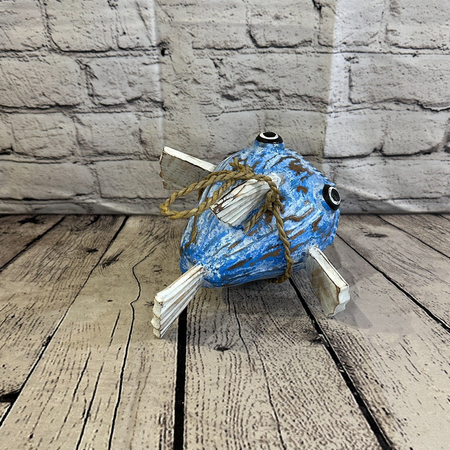 White Blue Folk Art Hand Painted Shark Fish Coconut Shell Ornaments Hanging