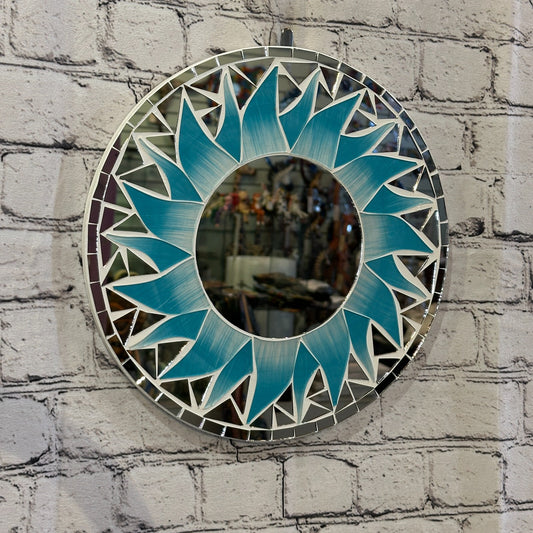 Turquoise Blue Flame Sun Mosaic Tile Wall Mirror 30cm x 30cm 12 Inches Handmade